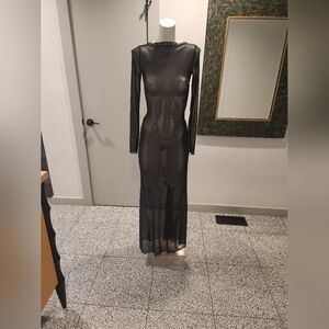 Sheer Long Sleeve Black Maxi Dress